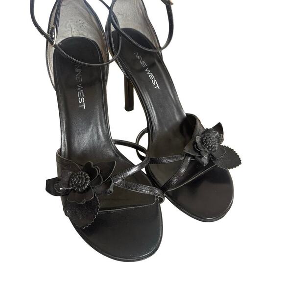 Y2K VTG. RARE NINE WEST BLACK LEATHER ANKLE STRAP FLOWER HEELS SZ. 6- 6.5 - Picture 2 of 8